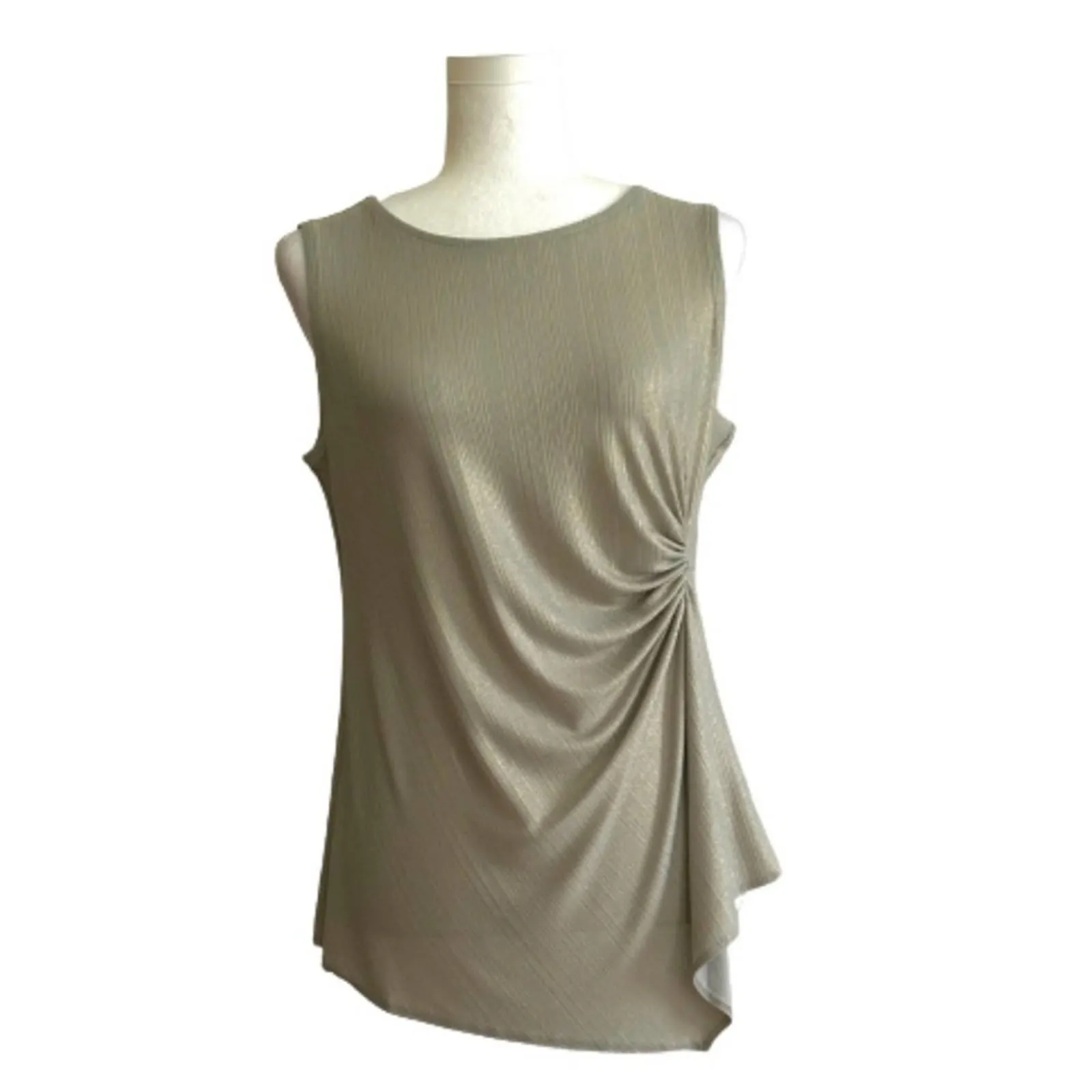 Tahari Blouse Top Taupe Green Gold Sleeveless Ruched Side Asymmetric Dressy XS - Image 12
