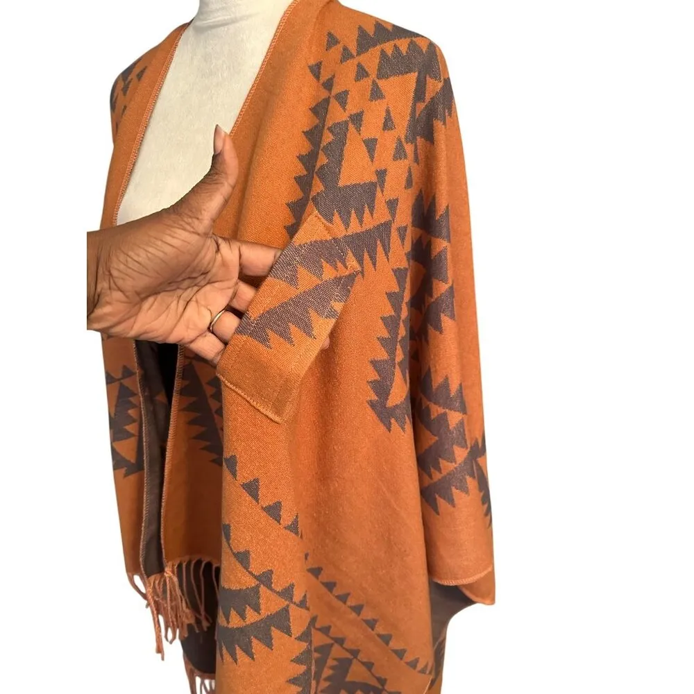 Aztec Southwestern Poncho Reversible Wrap Warm Soft With Fringe One SZ Orange Size undefined - Image 4