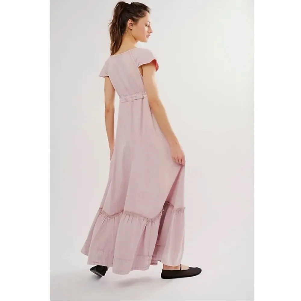 Free People Roucha Denim Maxi Dress Pink Pale Mauve Retro 70s Dainty Small - Image 3