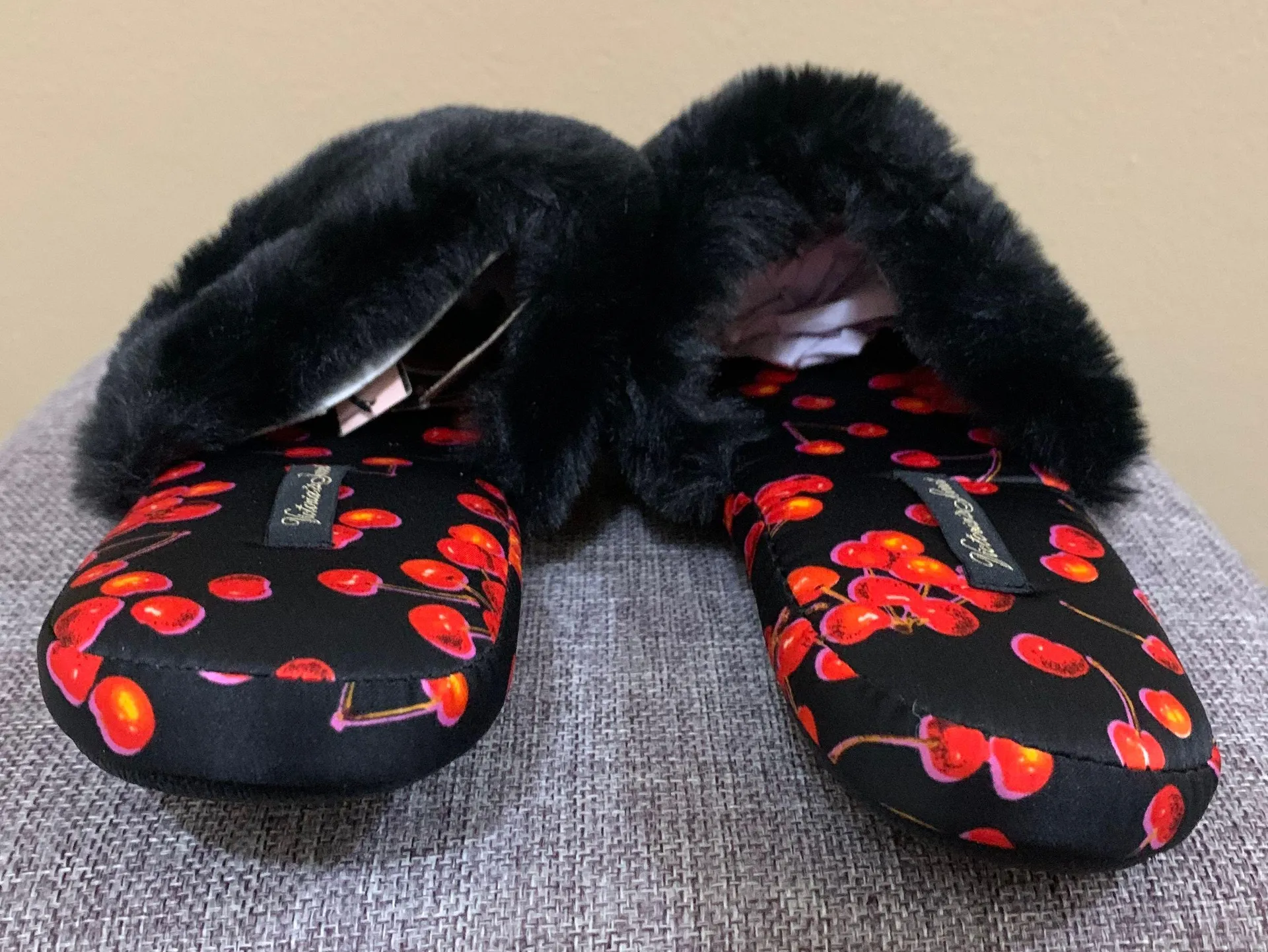 Black Red Cherry Satin Slippers Medium - Image 5