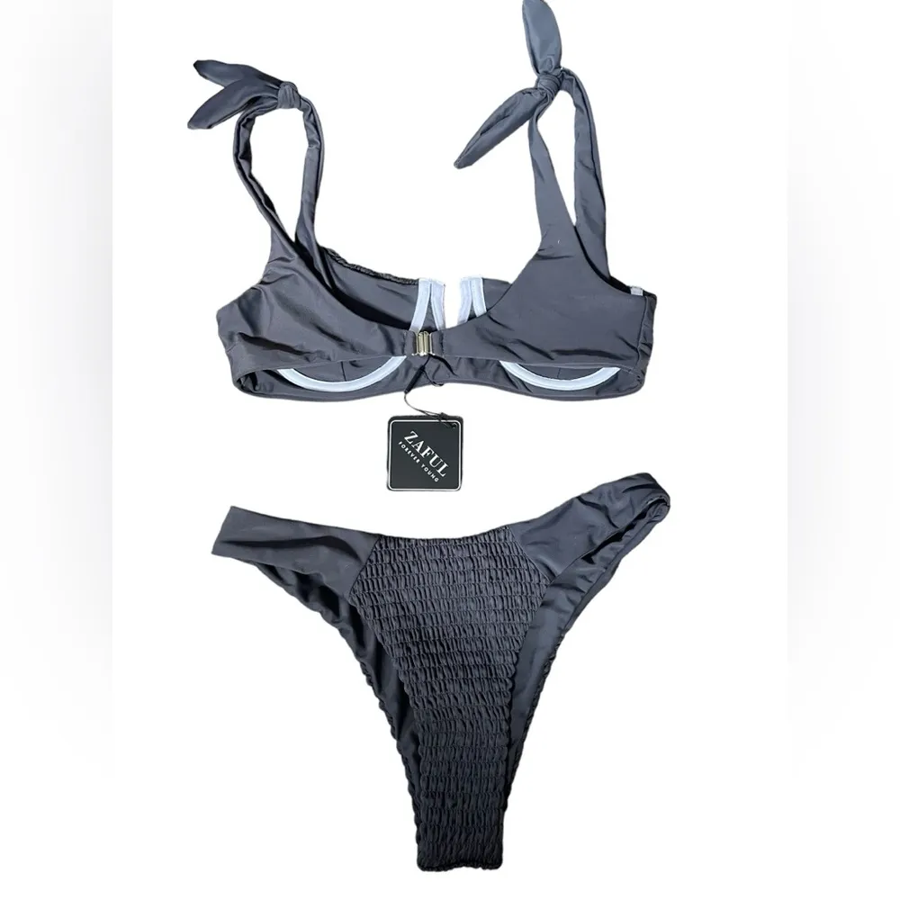 NEW Zaful Gray Smocked Shirred Bowknot Underwire V Cut Two Piece Bikini Set - Image 2