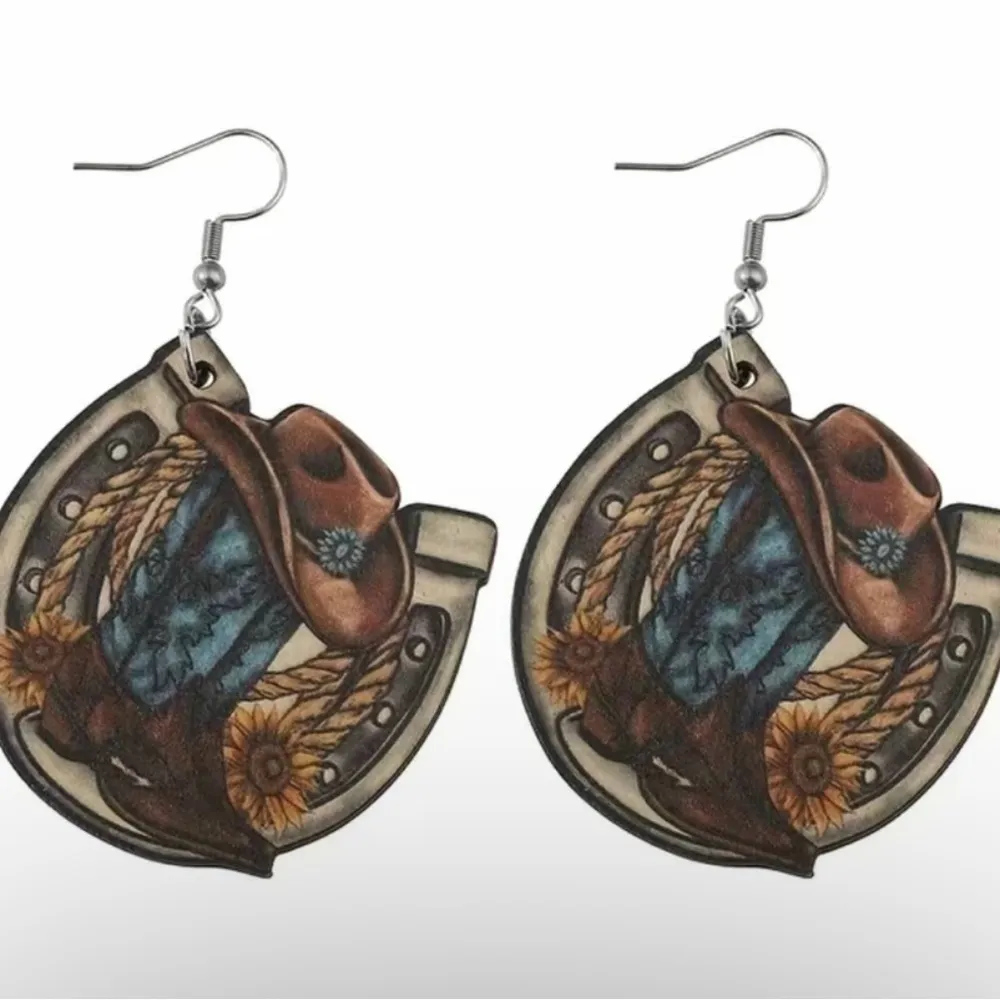 Western style wooden with sunflower shape pattern‎ drop hook earrings Brown - Image 9