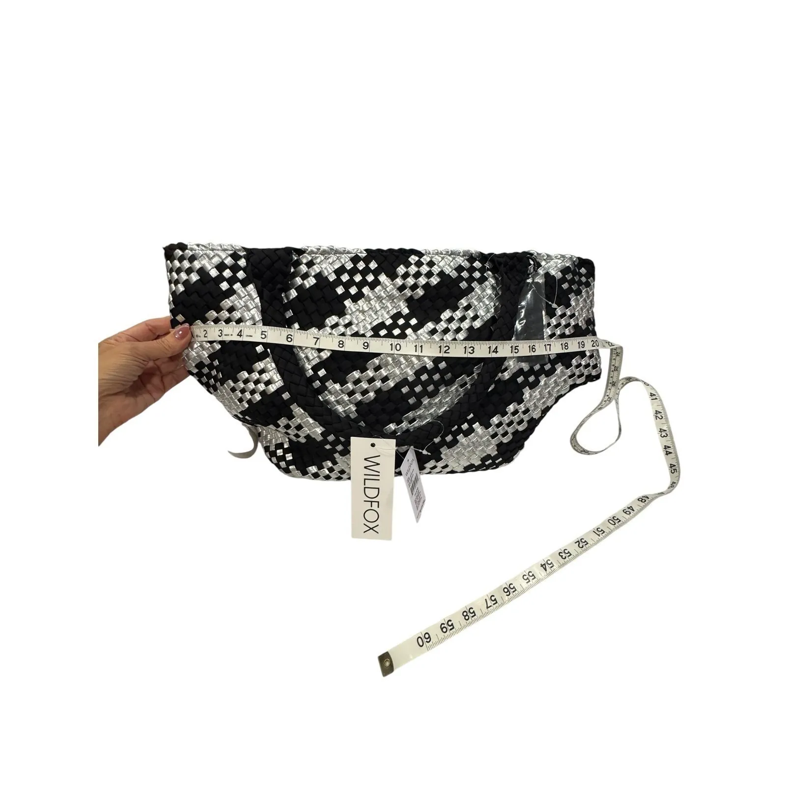 WILD FOX‎ Woven Tote Bag Black Silver Houndstooth Large Shopper Beach Bag - Image 5
