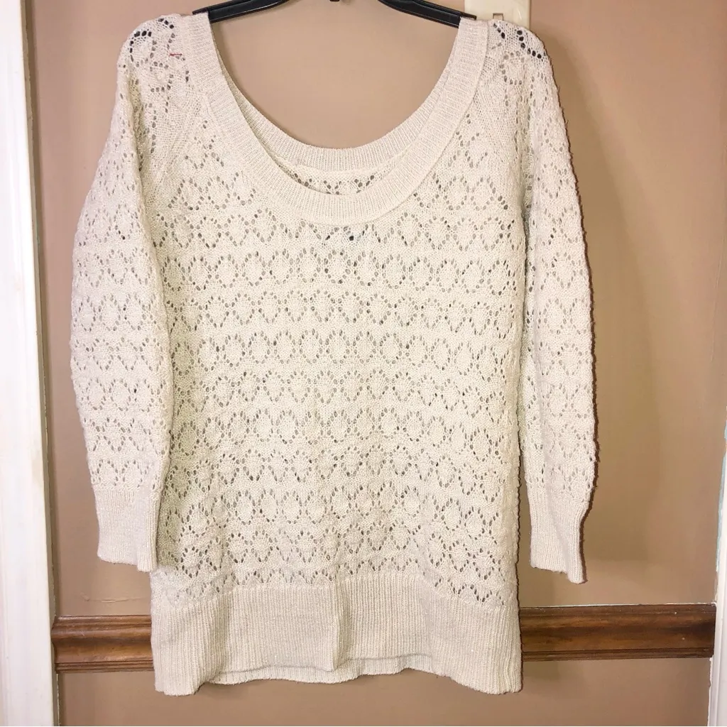 American Eagle  Wool Blend Open Knit‎ Scoop Neck Metallic Glitter Sweater Tan S - Image 2