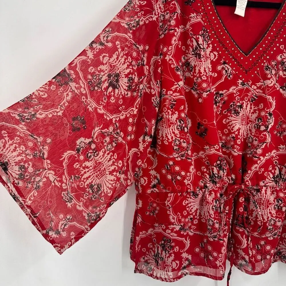 Vintage Y2K Fashion Bug Floral Beaded Bandana Print Tie‎ Waist Blouse Sheer 2X - Image 10