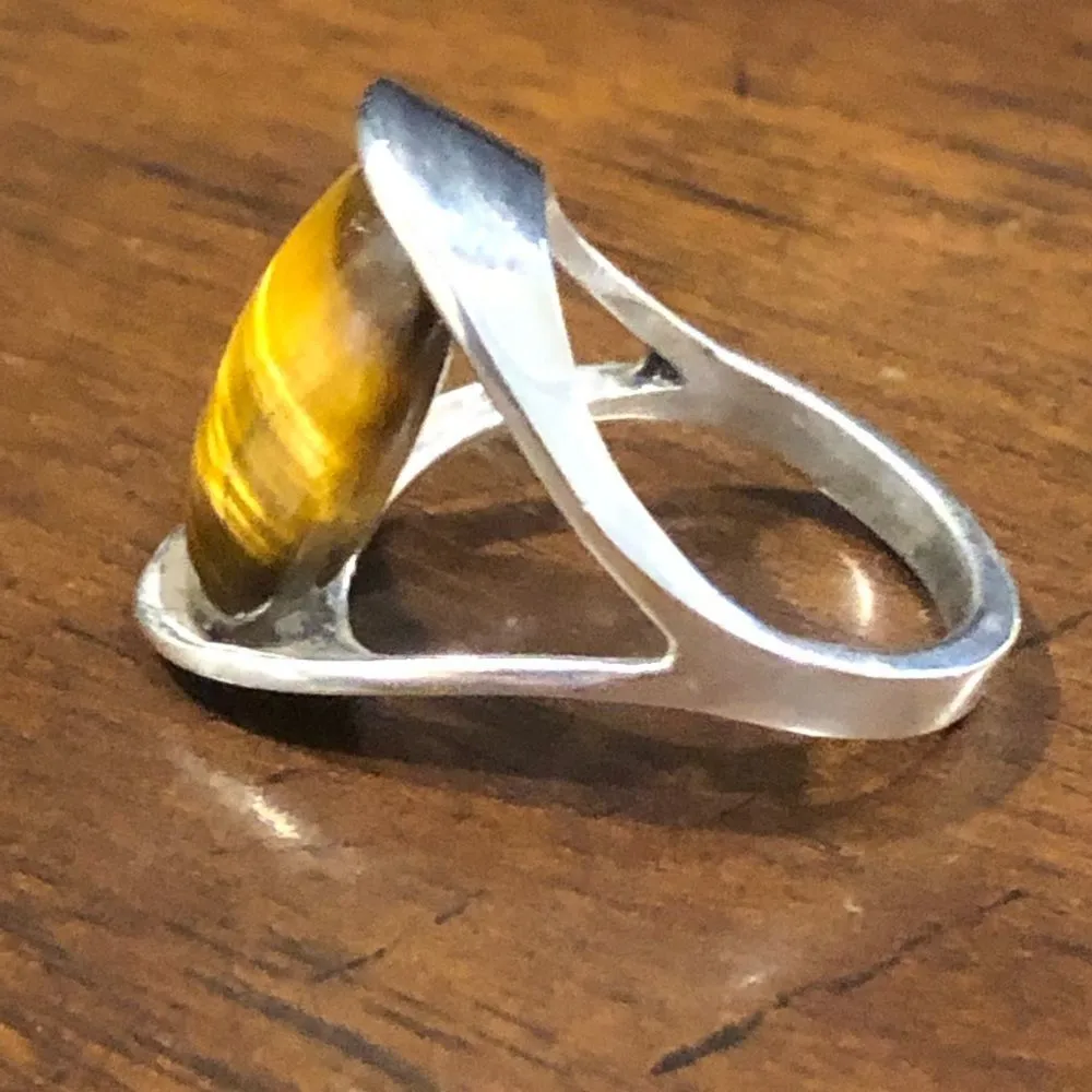 VINTAGE Sterling Silver Split Head Tension Mount Tigers Eye Ring - Image 7