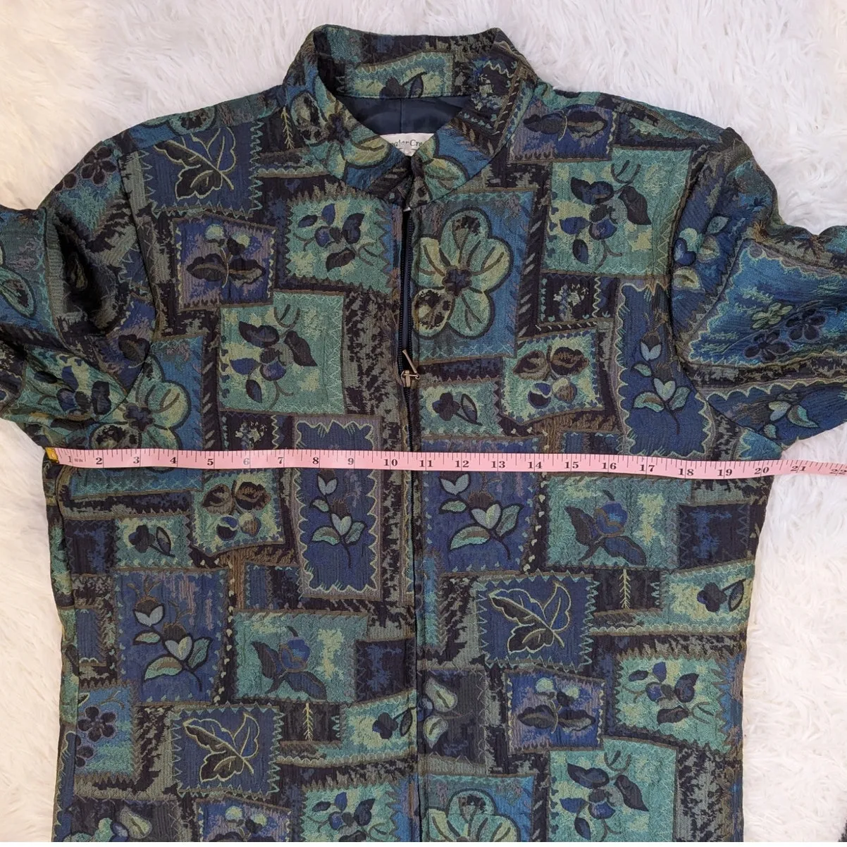 Vintage 90s Coldwater Creek Floral Tapestry Jacket Blue Green Zip Up - Image 7