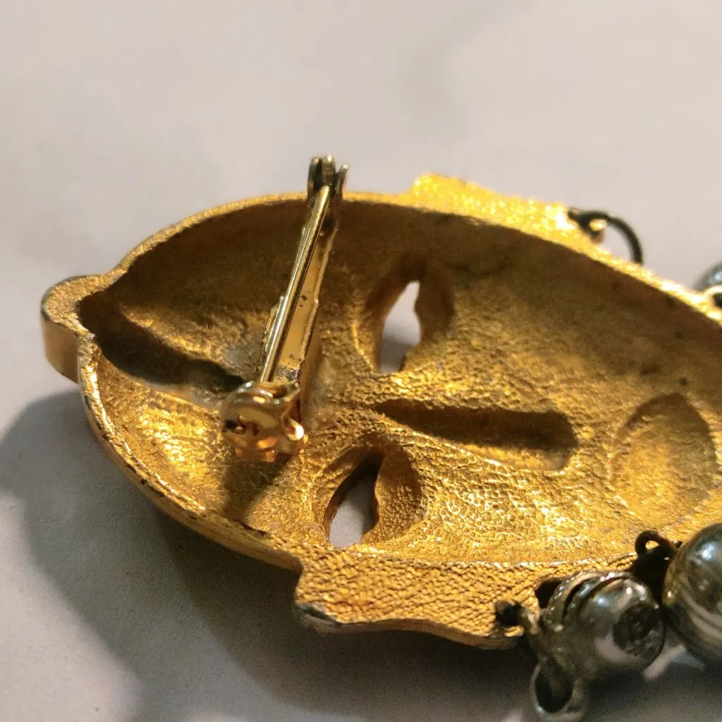 Large Tribal Mask Brooch Pin Mayan Aztec African Vintage Dangling Silver Balls Gold - Image 5