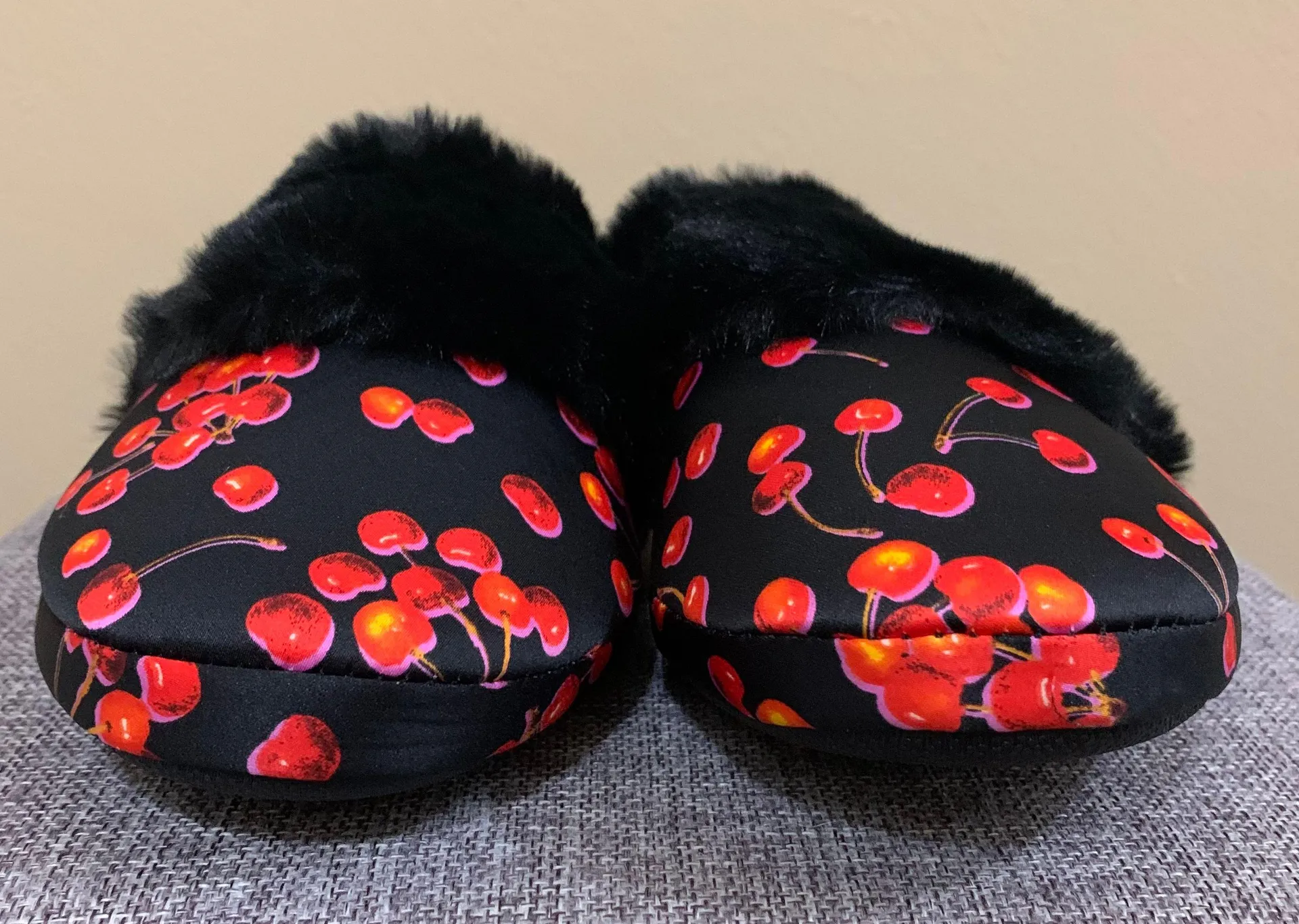 Black Red Cherry Satin Slippers Medium - Image 6