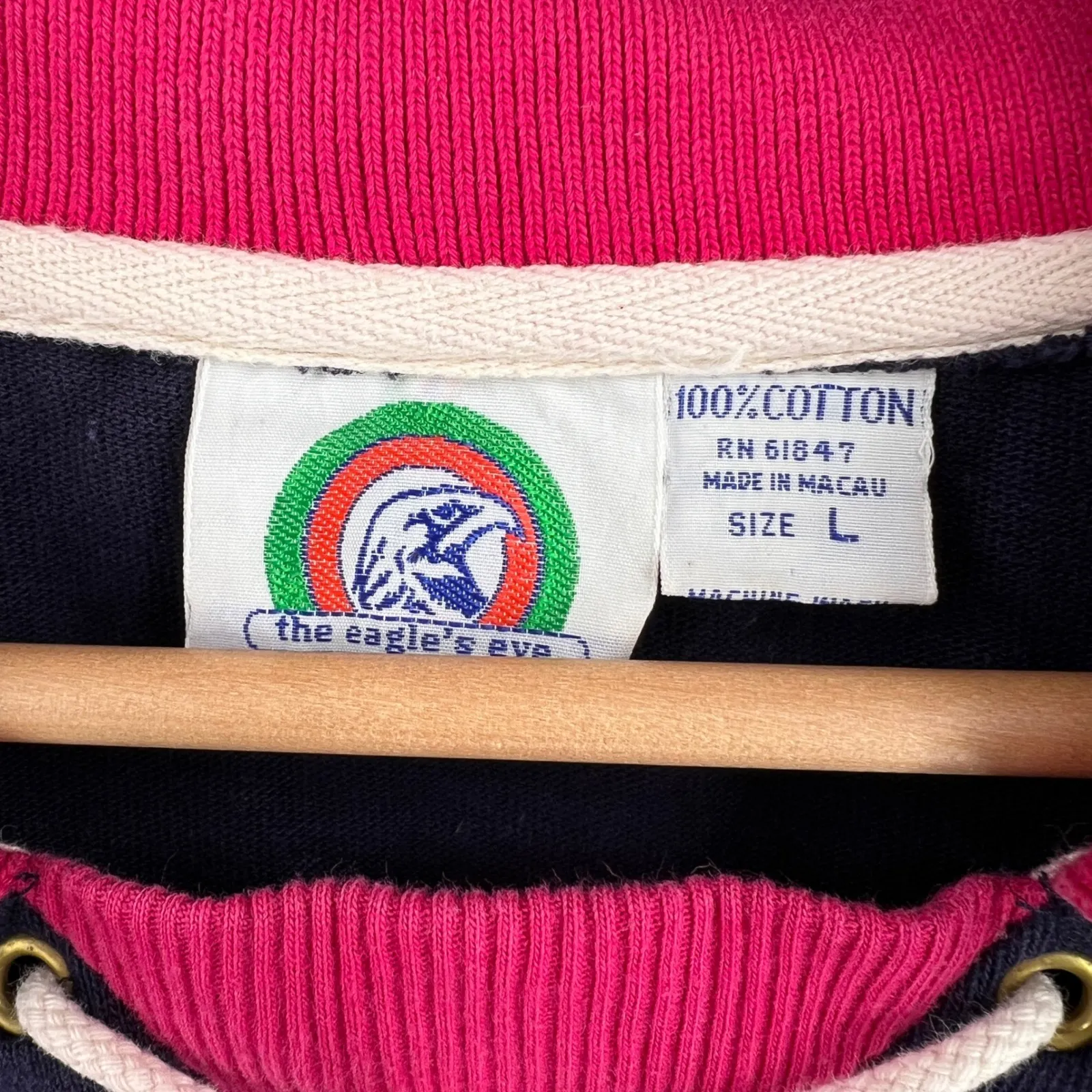 Vintage The Eagles Eye Rugby Sweatshirt Navy Pink Stripe L Cotton Fair Condition Blue Size L - Image 4