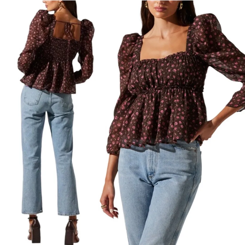 ASTR the Label Floral Print Smocked Babydoll Top Brown Pink Ditsy Med Milkmaid - Image 4