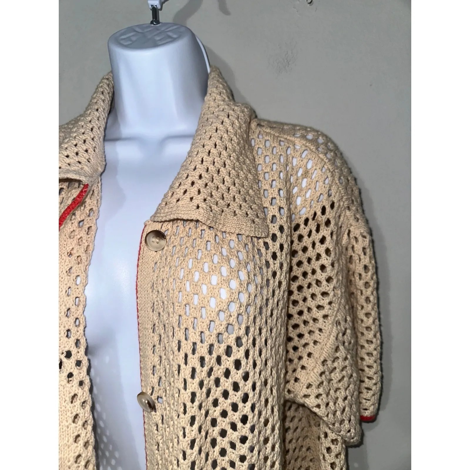 Petal + Pup Women's Crochet Knit Button Down Shirt Top, Collared, Casual Tan Size M - Image 5