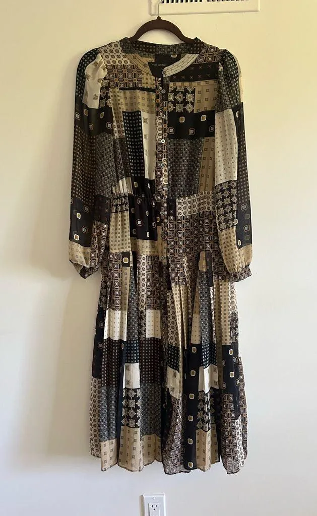 Banana Republic Pleated Long Sleeve Midi Dress Patchwork Foulard Print Size XS - Image 2
