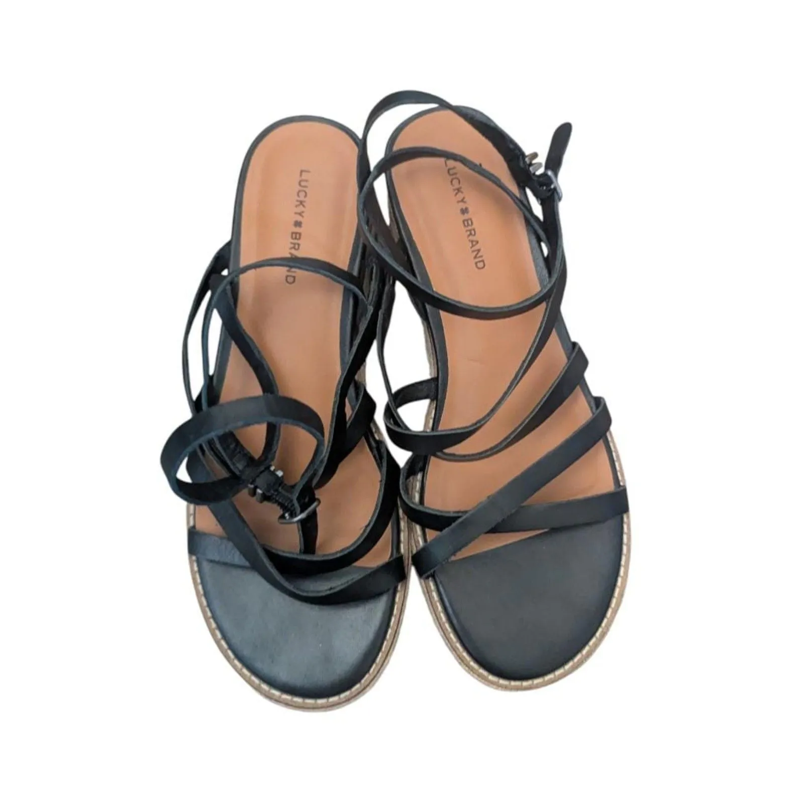 Lucky Brand Nemelli Black Leather Espadrille Sandals Gladiator Strappy Wedge - Image 5