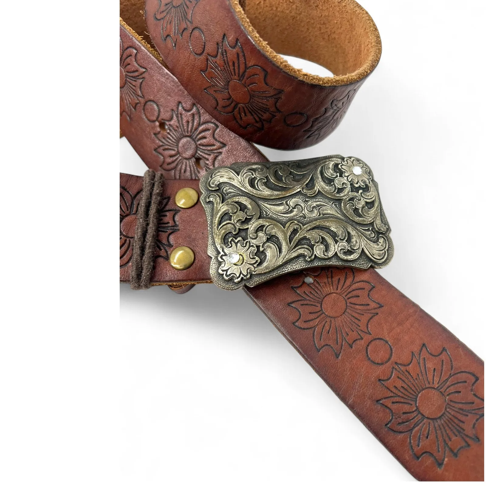 HOLLISTER  tooled leather belt ornate silver-toned buckle Flowers Western XL 37" - Image 2