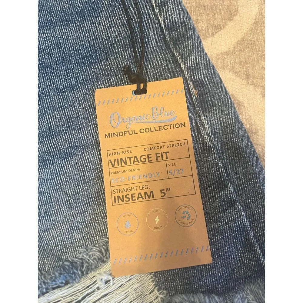 NWT organic blue denim jean shorts vintage fit size 5/27 distressed cut off Blue - Image 2
