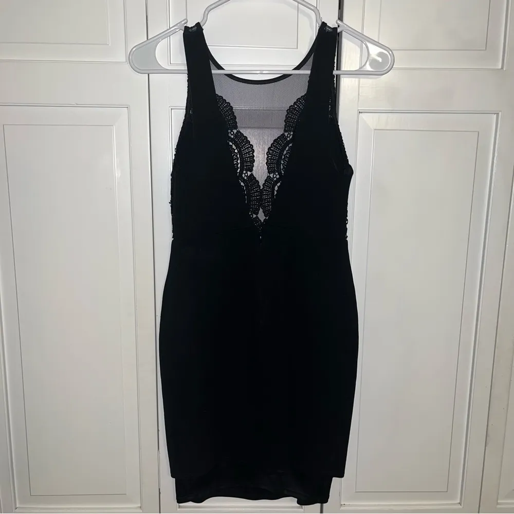 Lulu’s Black Dress Mini Mesh Deep V Neck Crochet Size M - Image 3