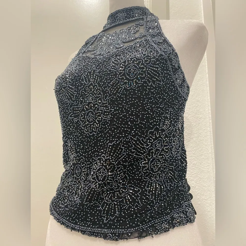 Dark Blue Beaded Halter High-Neck Top - Women's Petite Size 0 - Image 5