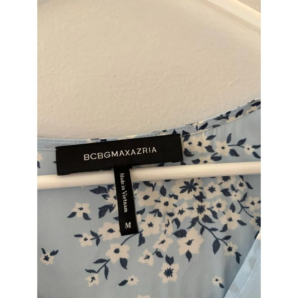 BCBGMaxazria Womens Floral Dress Medium Blue Flutter Sleeve V-neck Spring Fairy - Image 3