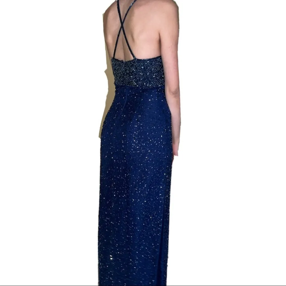 100% Silk Vintage Beaded Navy Blue Halter cross Strap Open Back Gown - Image 7