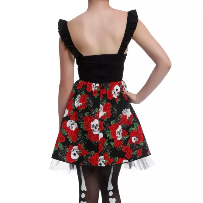 Hot Topic Day Of The Dead Red & Black Roses & Skulls Lace-Up Dress Size Medium - Image 3