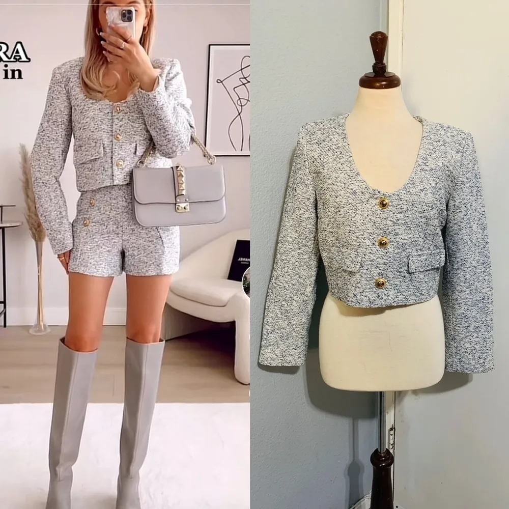 Zara Bloggers Fav Long Sleeves Round Neck Gold Button Textured Blazer Size M - Image 3