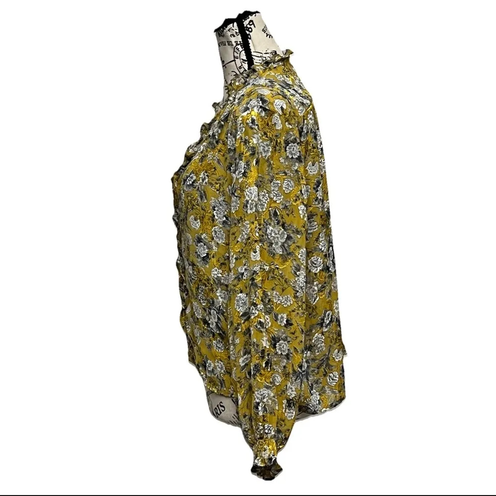 Zara Floral Jacquard Blouse XS BUTTER Yellow Ruffle Semi Sheer Boxy Boho Fairy - Image 3