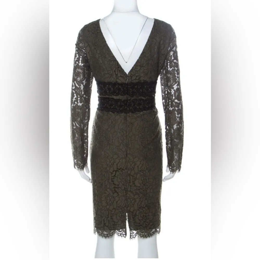Olive Green V-Neck Long Sleeve Viera Lace Dress Size 8 NEW - Image 3