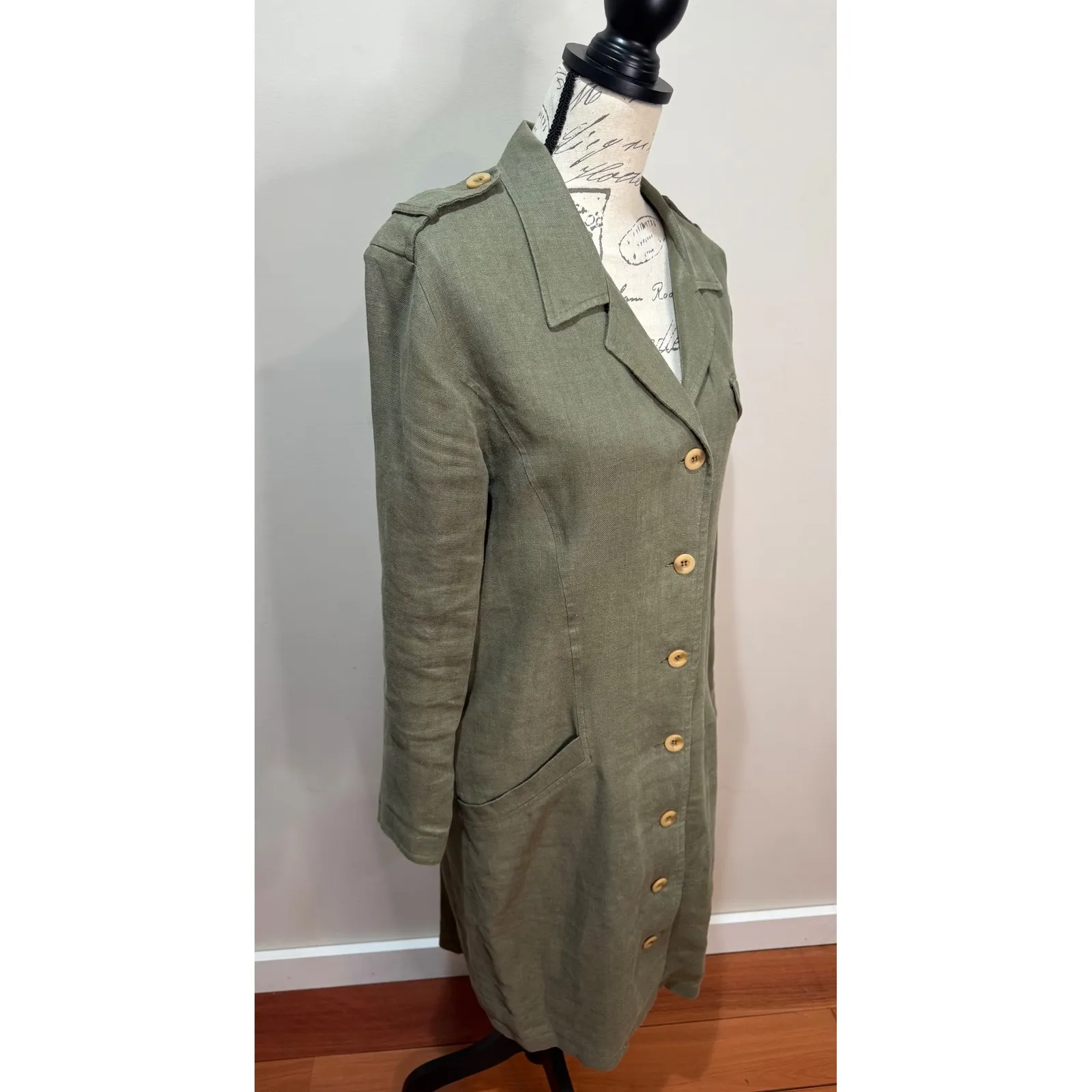 Vintage 80s 90s Banana Republic Safari & Travel Green Linen Jacket Shirt Dress M - Image 2