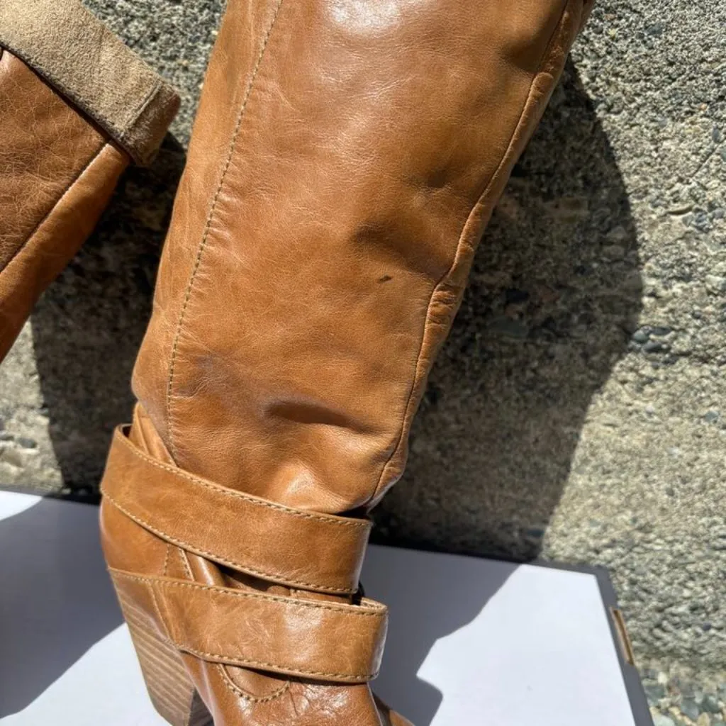 Jessica Simpson Y2K  Tall Tan Boots Buckles Size 5 - Image 6