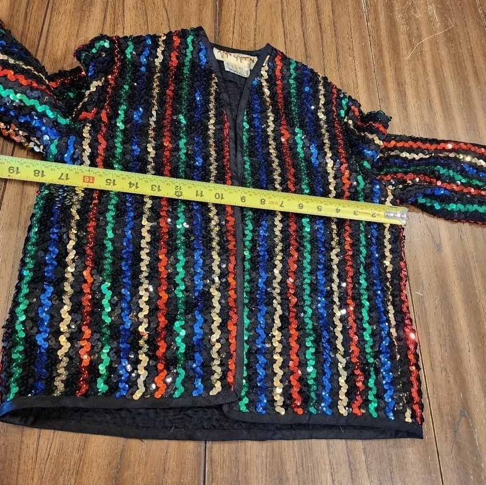 Ann green artsy black colorful sequin vintage open Cardigan Sweater Red - Image 8