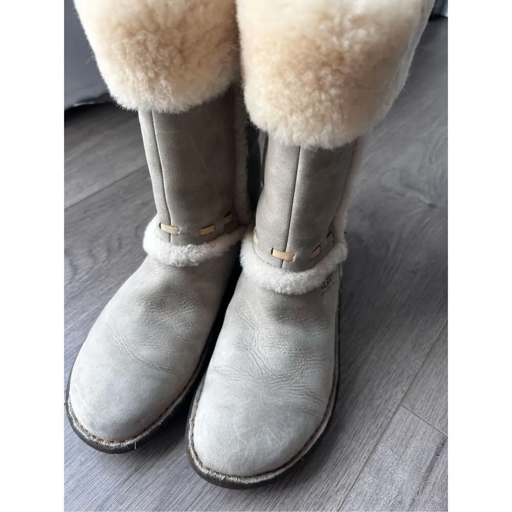 UGG Womens Boots Size 6 Elijo Bone White Nubuck Leather Sherpa Fur Slip On 5137 - Image 2