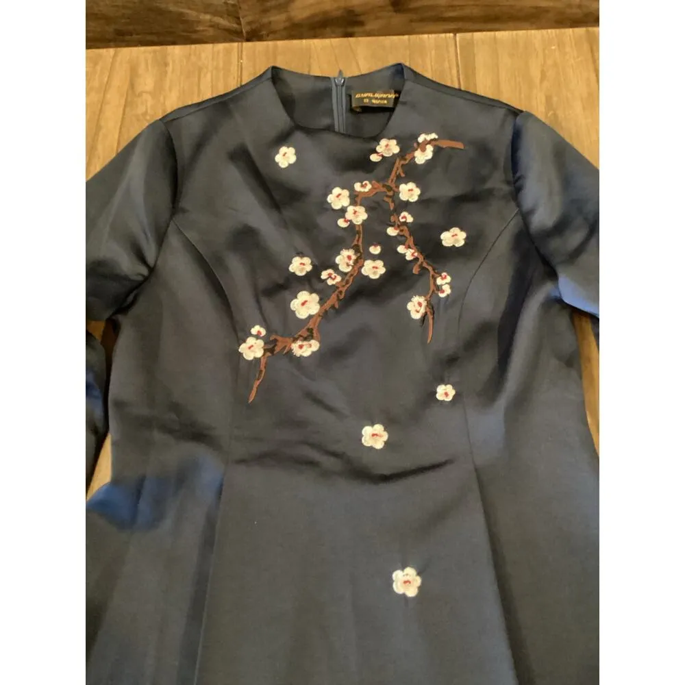 Gyalwana Embroidered Floral cherry blossom satin flare swing Dress 13 M/ L Blue Size L - Image 13