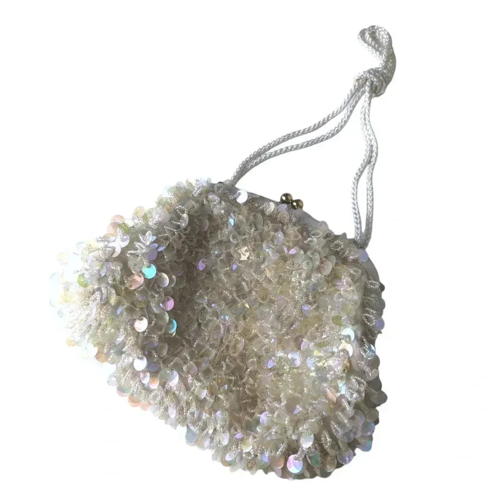 Vintage Ivory Beaded Sequin Evening Bag wedding White - Image 12