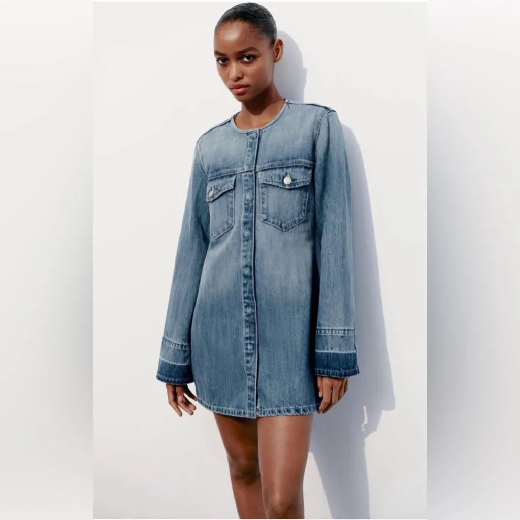 New ZARA Denim TRF Dress Size Large Long-sleeved Cotton Denim Mini Dress/Tunic - Image 2