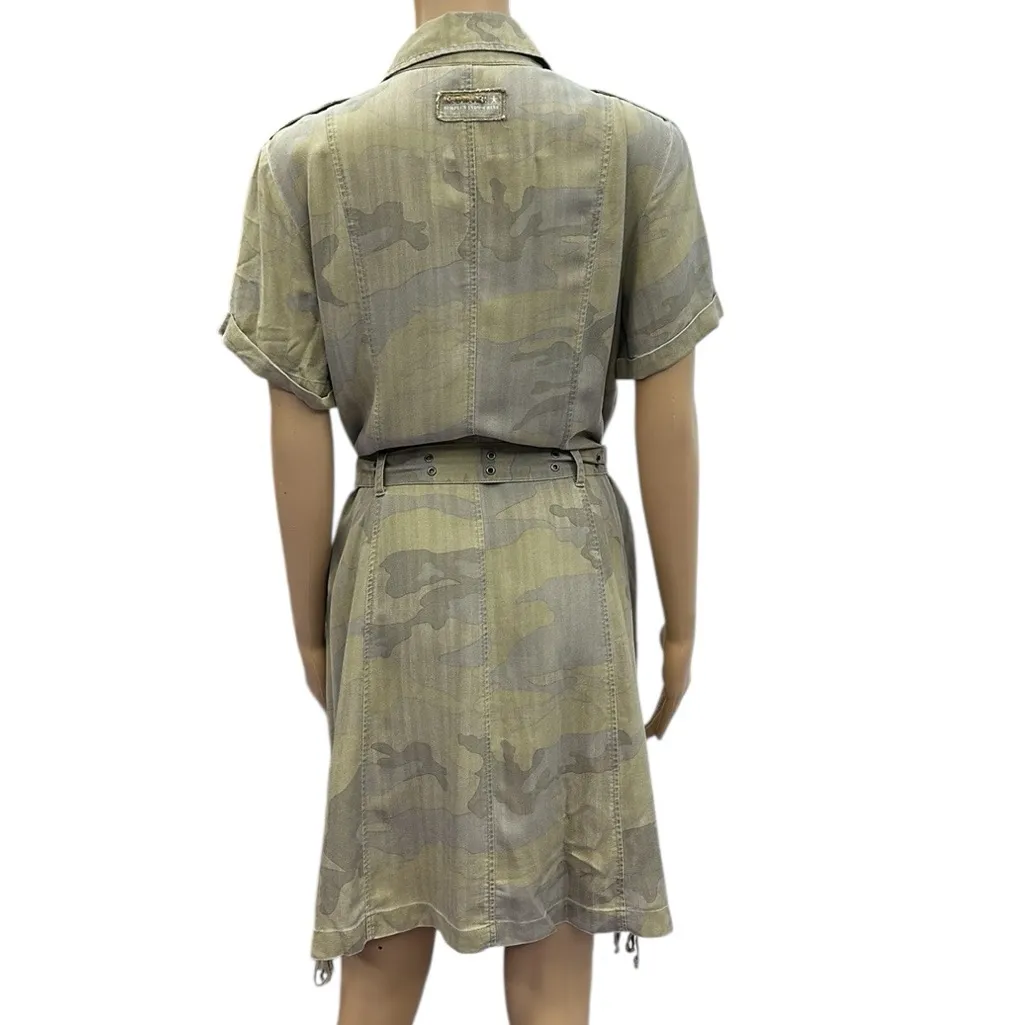 Da Nang Silk Short Sleeve Button Up Camo Utility Pockets Tie Belt Shirt Dress M Tan Size M - Image 12