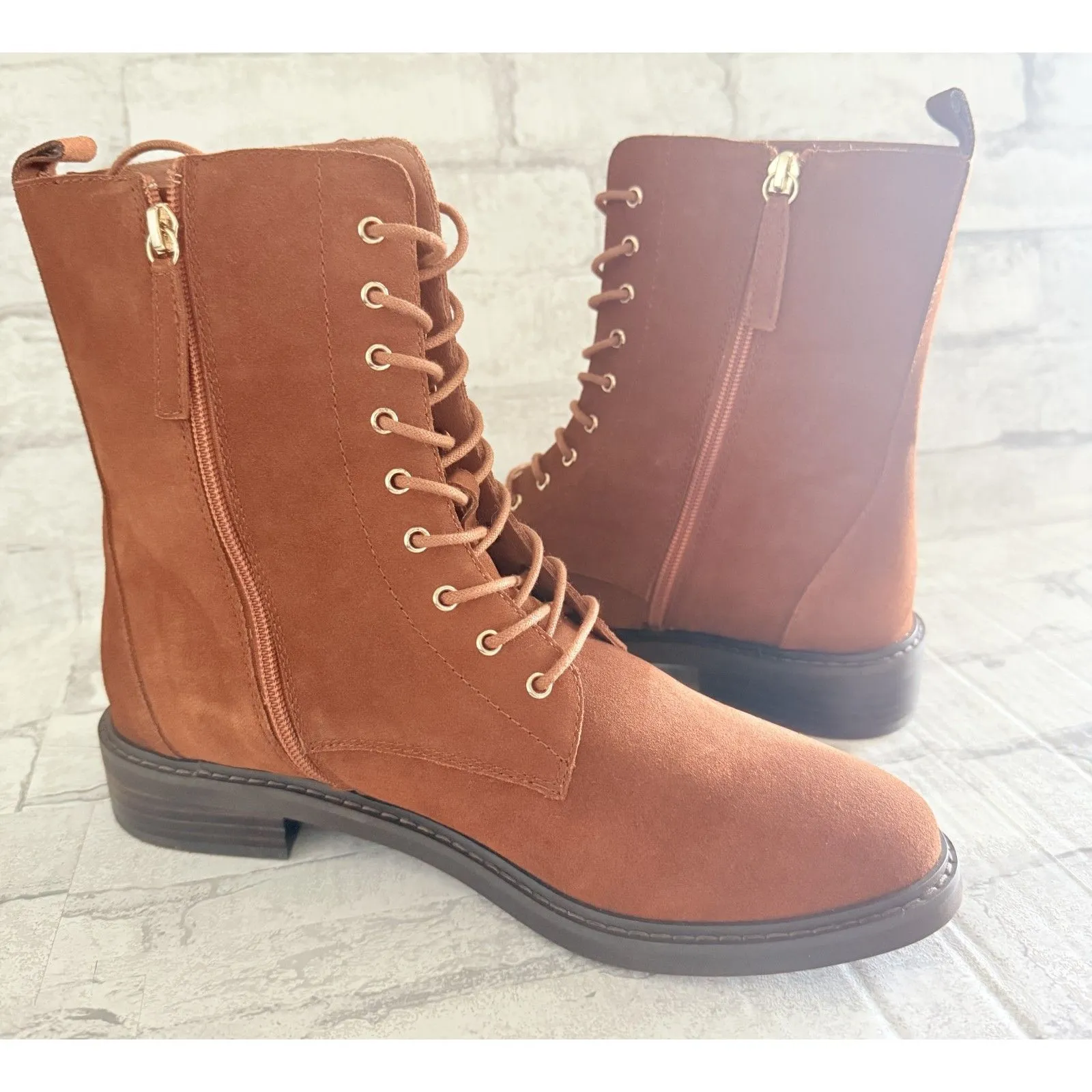 NWOB INTENTIONALLY BLANK Elaine Chestnut Suede Lace Up Boots Sleek Tailored 11 Brown - Image 6