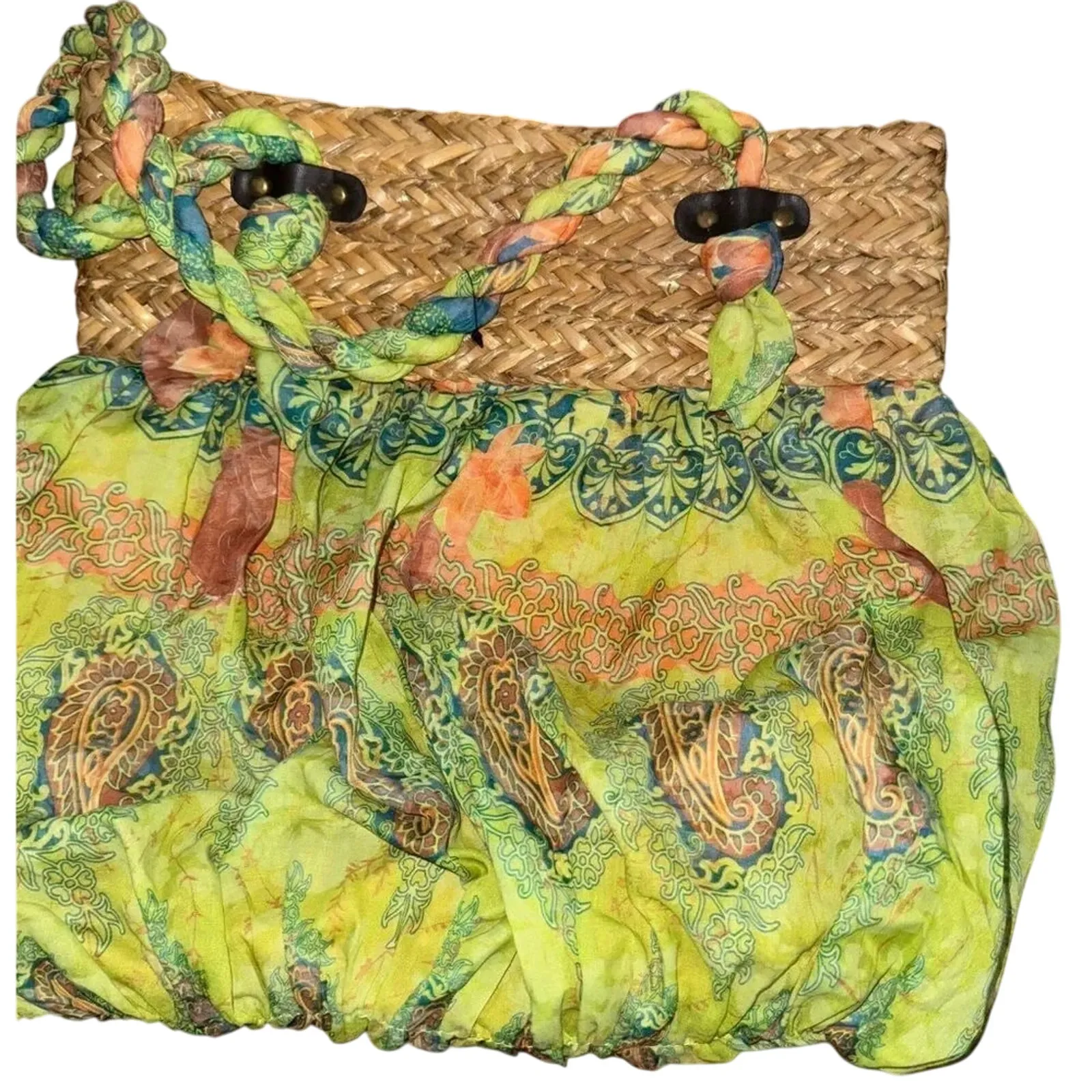 MANY MOODS OF POPPIE JONES Large Straw & Fabric Shoulder Bag Purse New w/o Tag Green - Image 5
