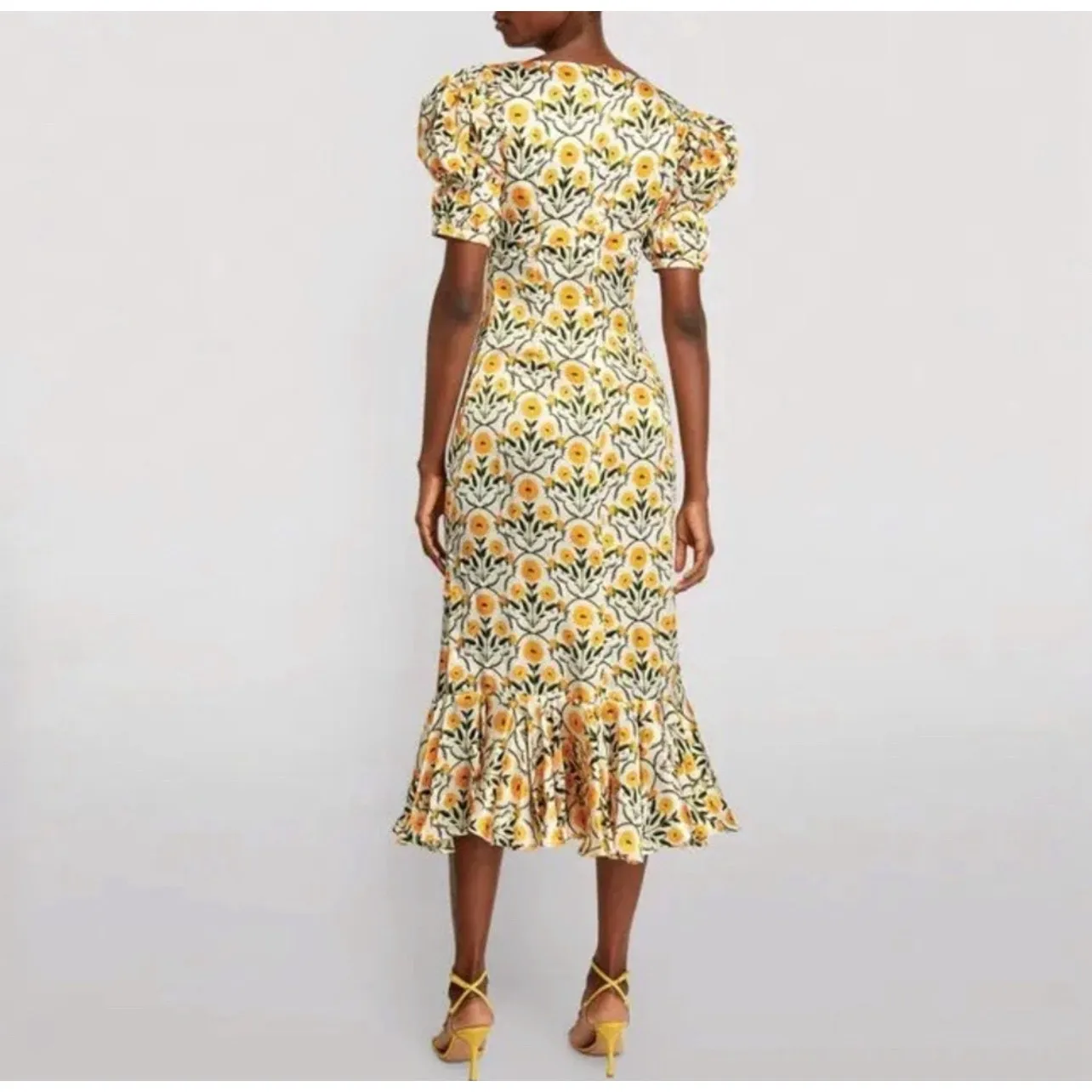 Agua by Agua Bendita Mango Mimosa Midi Dress S Silk White Yellow Floral Rare - Image 14