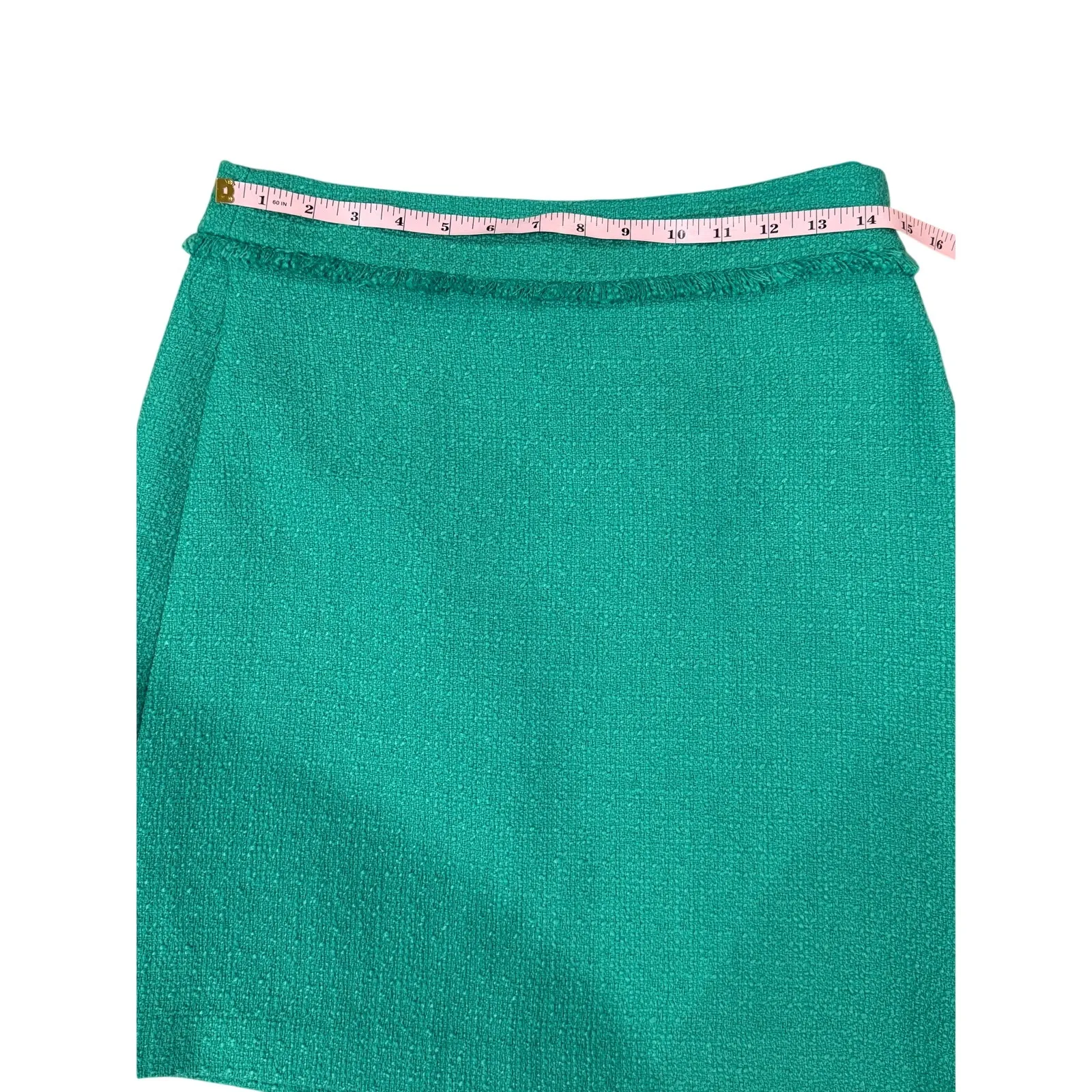 Karl Lagerfeld Pencil Skirt Tweed Fringe Women’s Size 4 Green Stretch Designer - Image 6