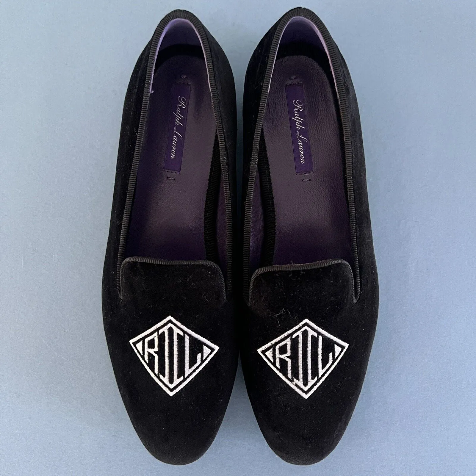 Ralph Lauren Purple Label Alonzo Monogram Bullion Black Velvet Slippers Size 6 - Image 7