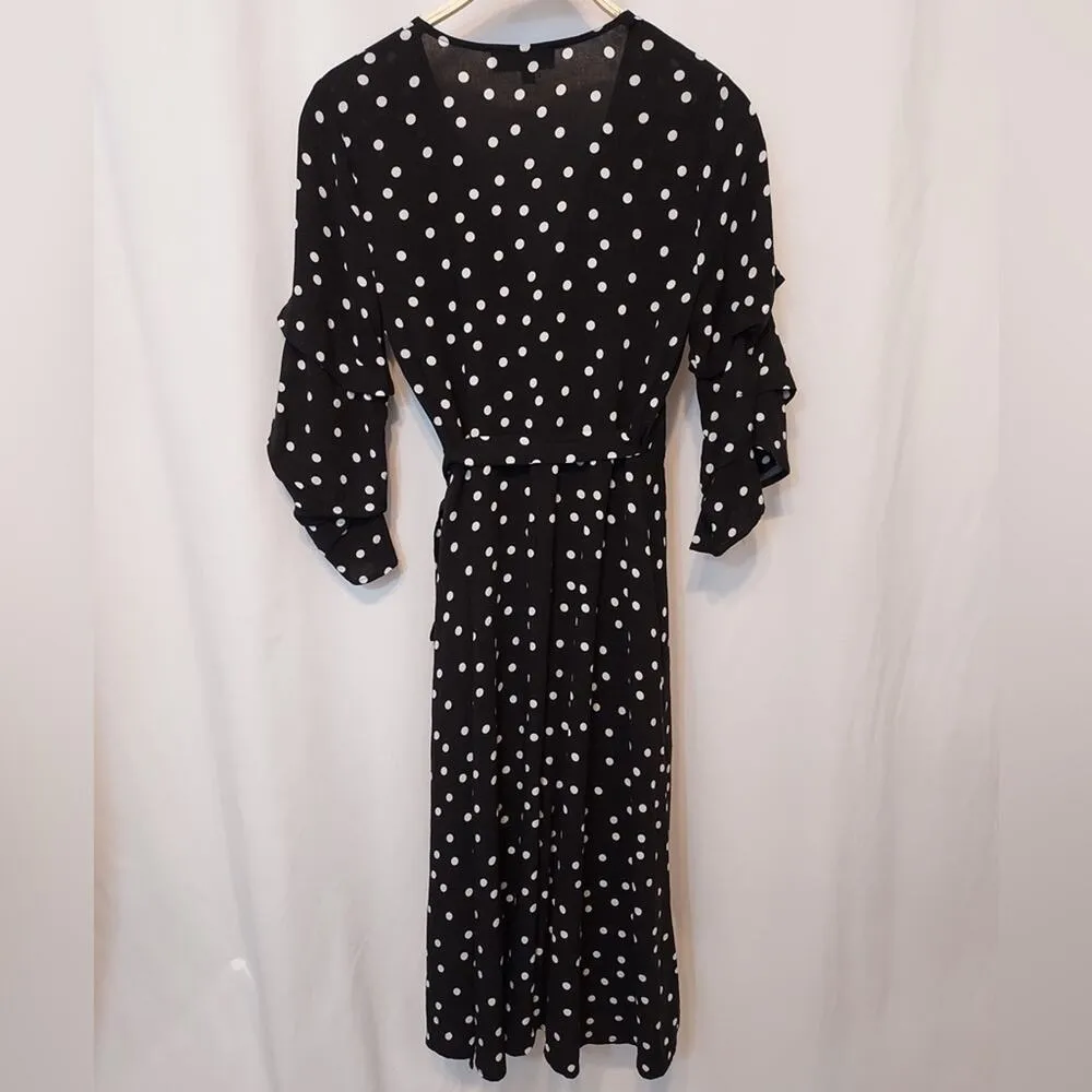 Lulu's Black and White Polka Dot Tiered Ruffle 3/4 Sleeve Midi Tie Wrap Dress - Image 8