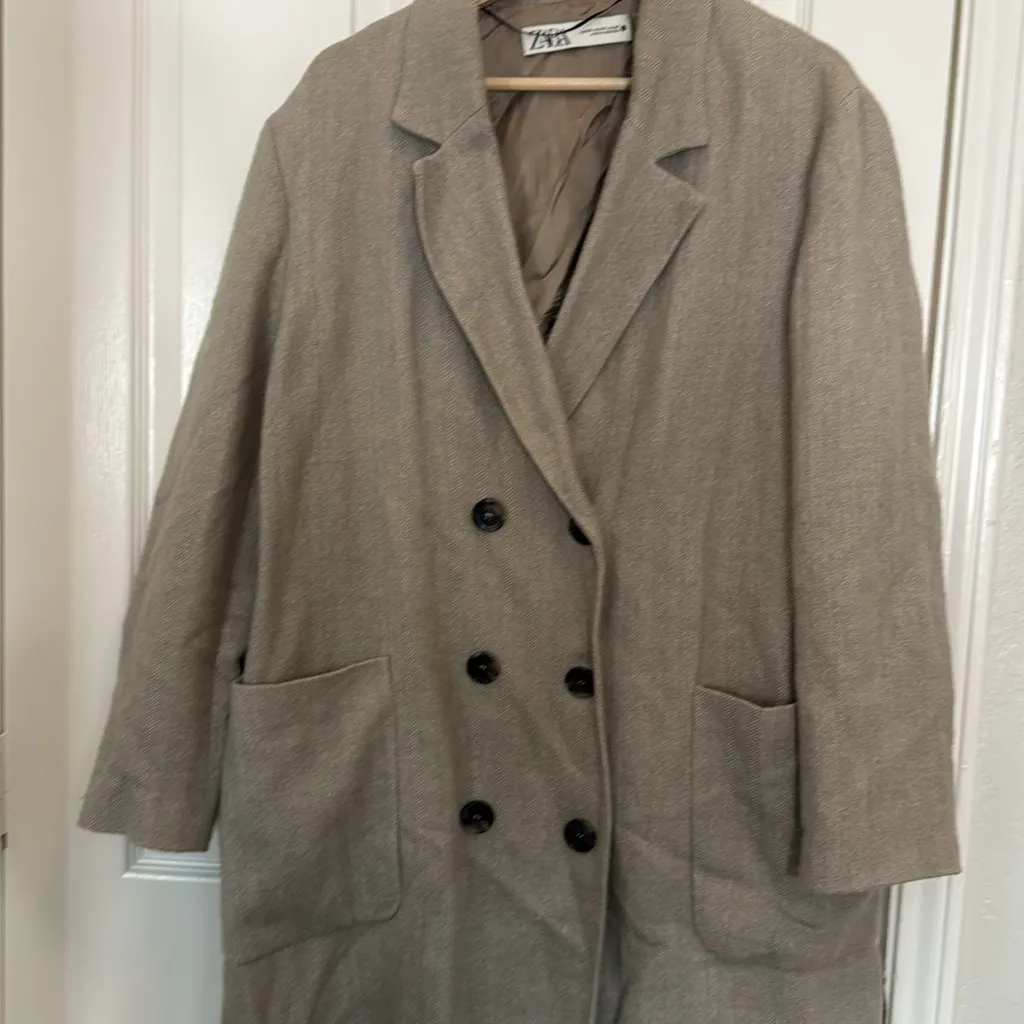 Zara double breasted tweed mid length coat greige - Image 3
