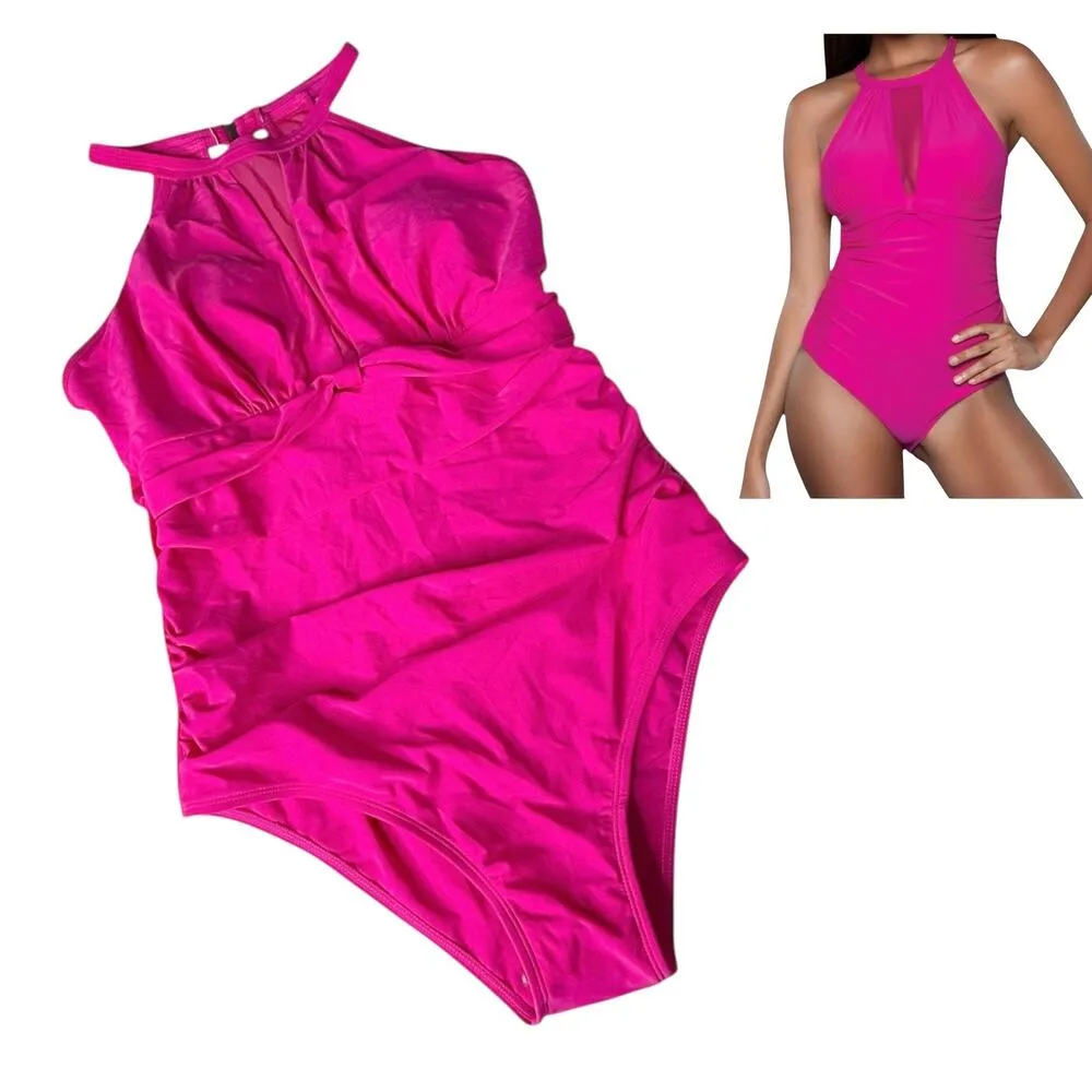 NEW BeWicked Mesh Inset SWIMSUIT Women's LG Fuschia Pink Mesh High Neck Briella - Image 9