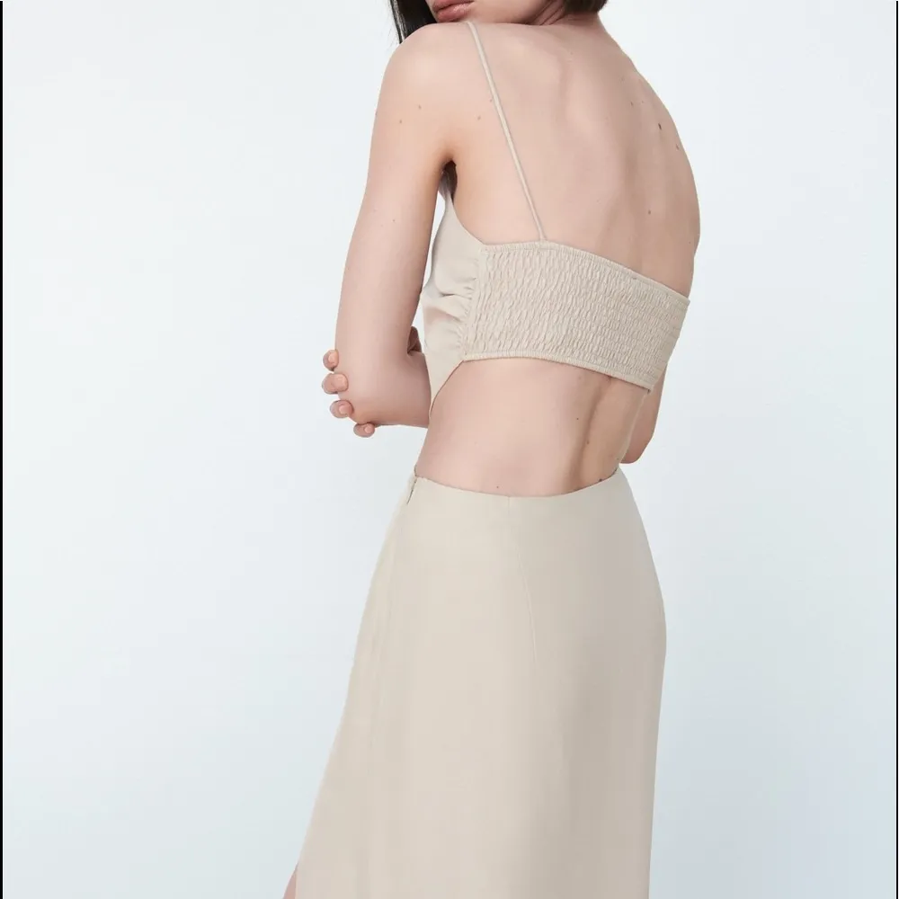 Zara CUT OUT V-neck Dress w/ Thin Straps Side Slits at Hem Beige SIZE S NEW - Image 6