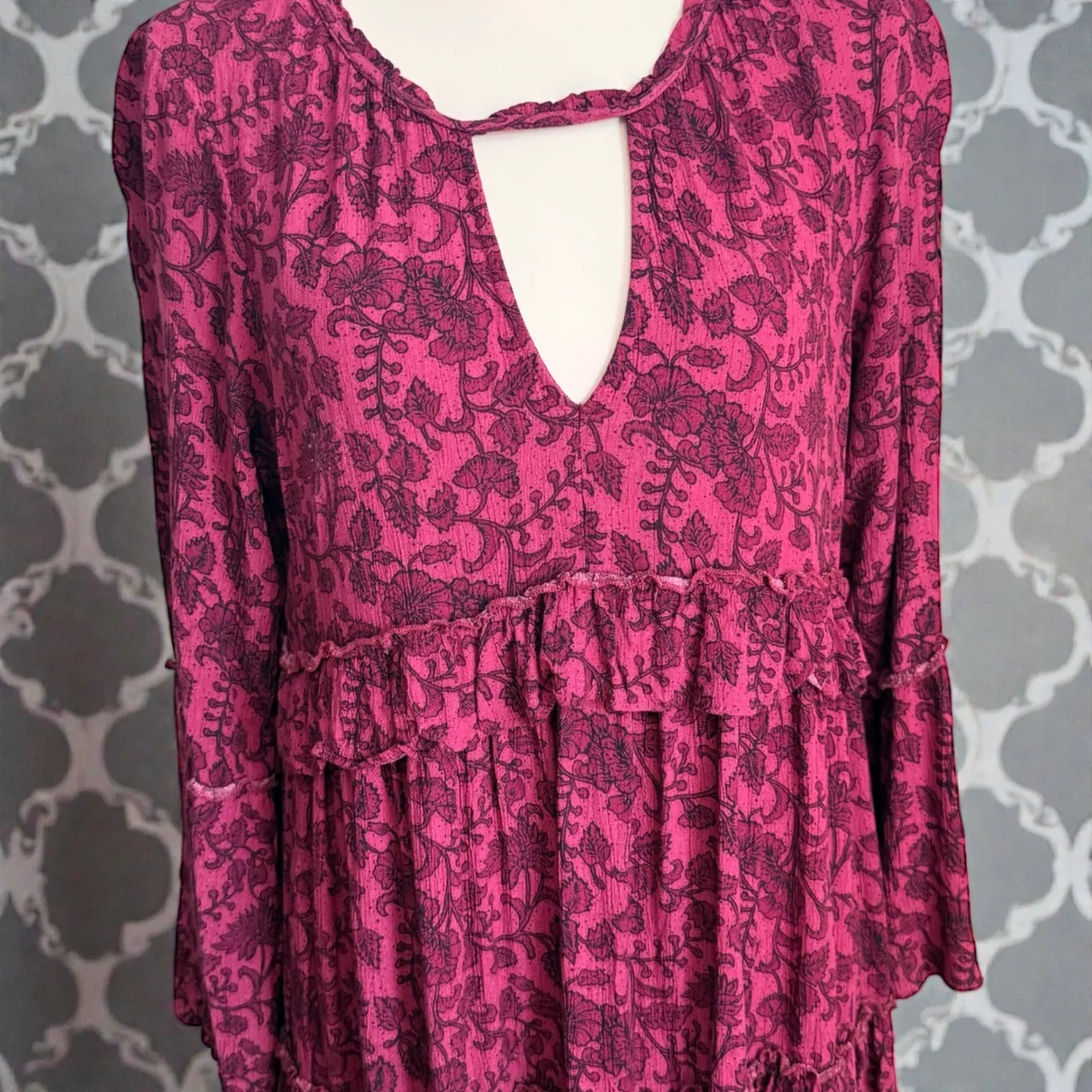 American Eagle Outfitters Floral Print Tiered Ruffle Dress Keyhole Tassel Tie L - Image 10