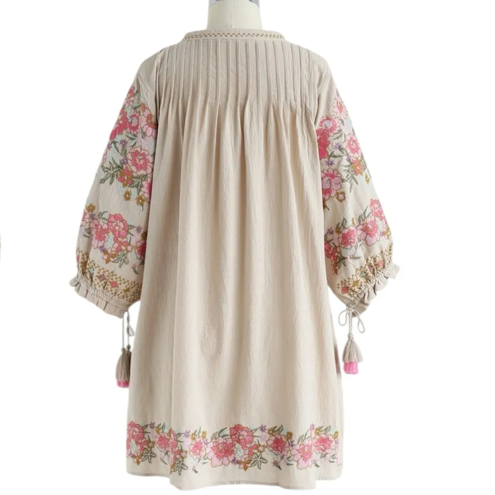 Bohemian Florist Tassel Embroidered Tunic Mini Dress Size Medium EUC #VEG-0016 - Image 8