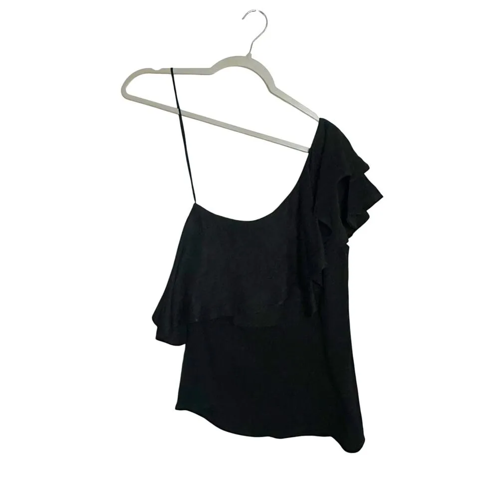 3.1 Phillip Lim Drapey One Shoulder Blouse Ruffle Trim Black Size 4 - Image 3