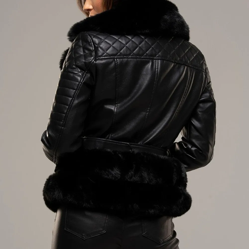 Fur Trim Biker Jacket Black Size L - Image 6