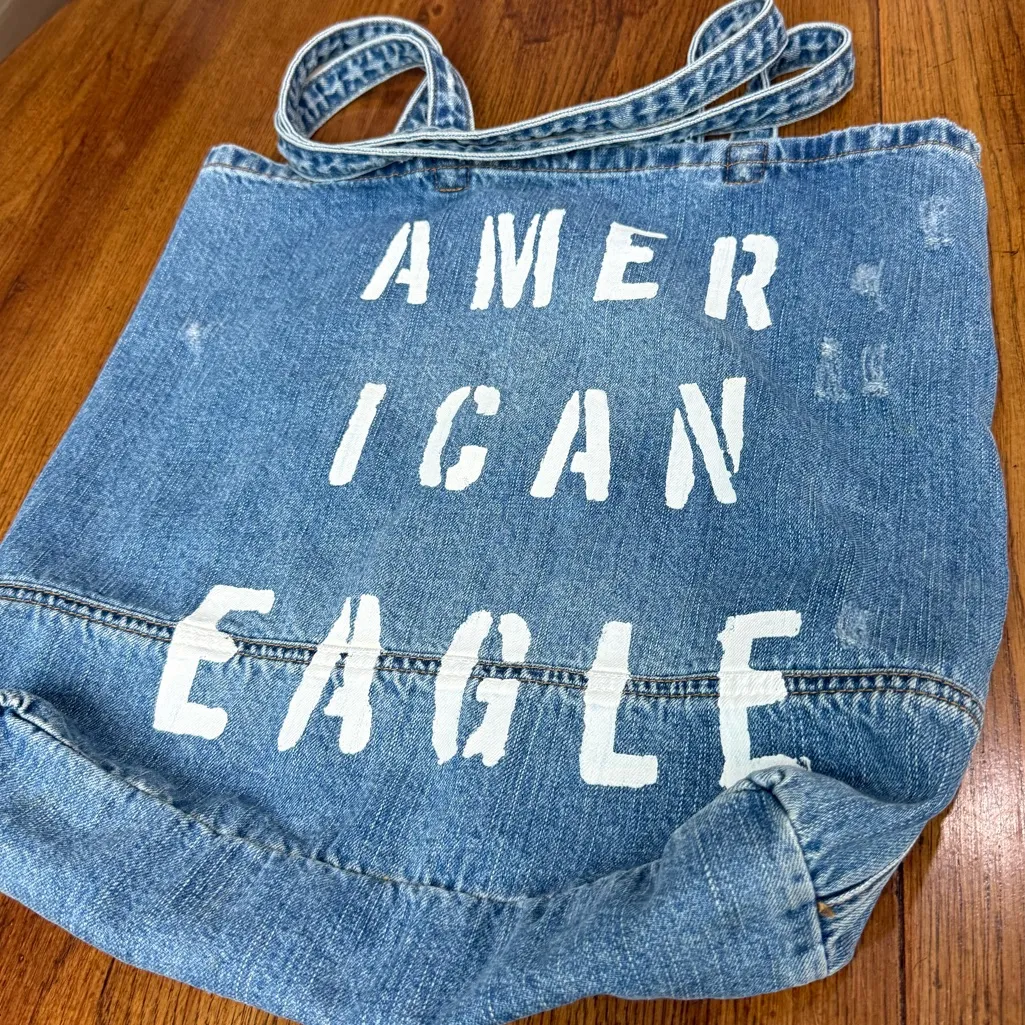 American Eagle Denim Tote Bag Blue Graphic Shoulder Bag 2017 Book Tote Beach Bag - Image 16